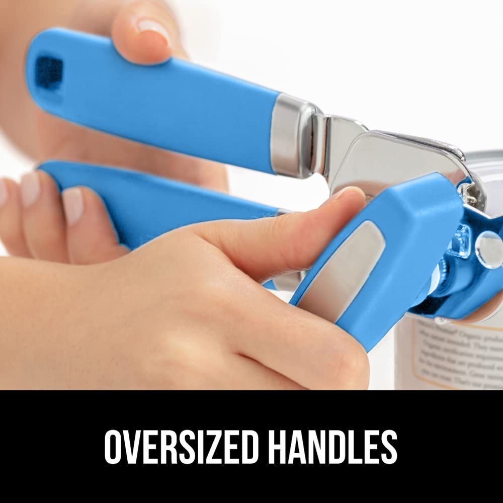 Gorilla Grip Abrelatas manual de mano de acero inoxidable resistente con borde liso con mango suave al tacto, a prueba de óxido, perilla de mano fácil giro, el mejor abridor de tapa grande para cocina, aguamarina