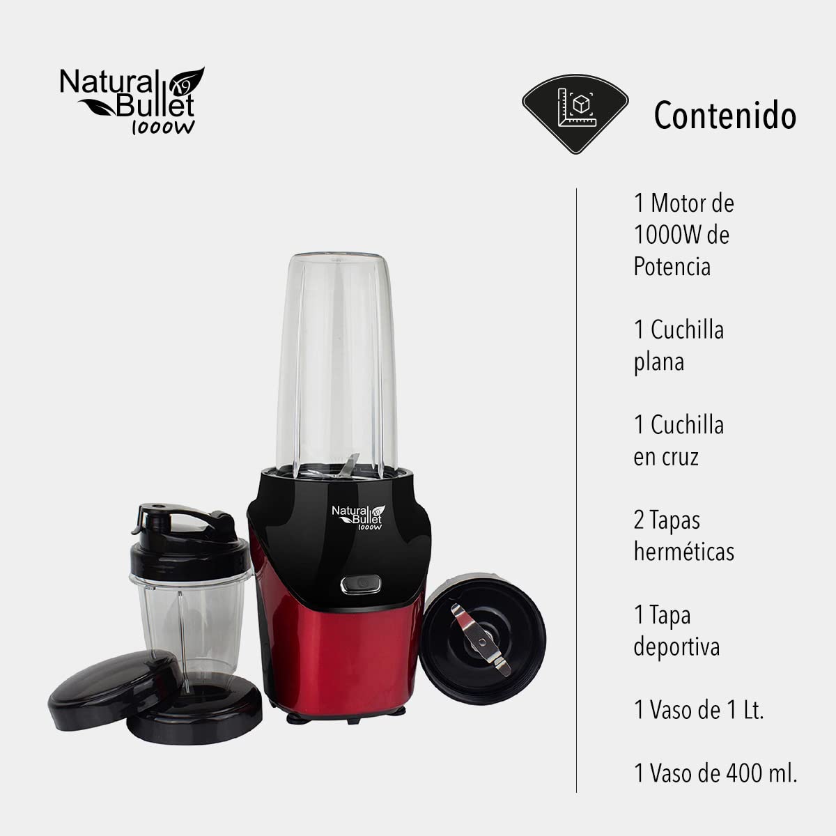 Bullet Blender Licuadora Procesador de Alimentos 1000W Pulverizador de alimentos| Libre BPA | Cuchillas Desmontables Acero Inoxidable| Color Cereza Metálico