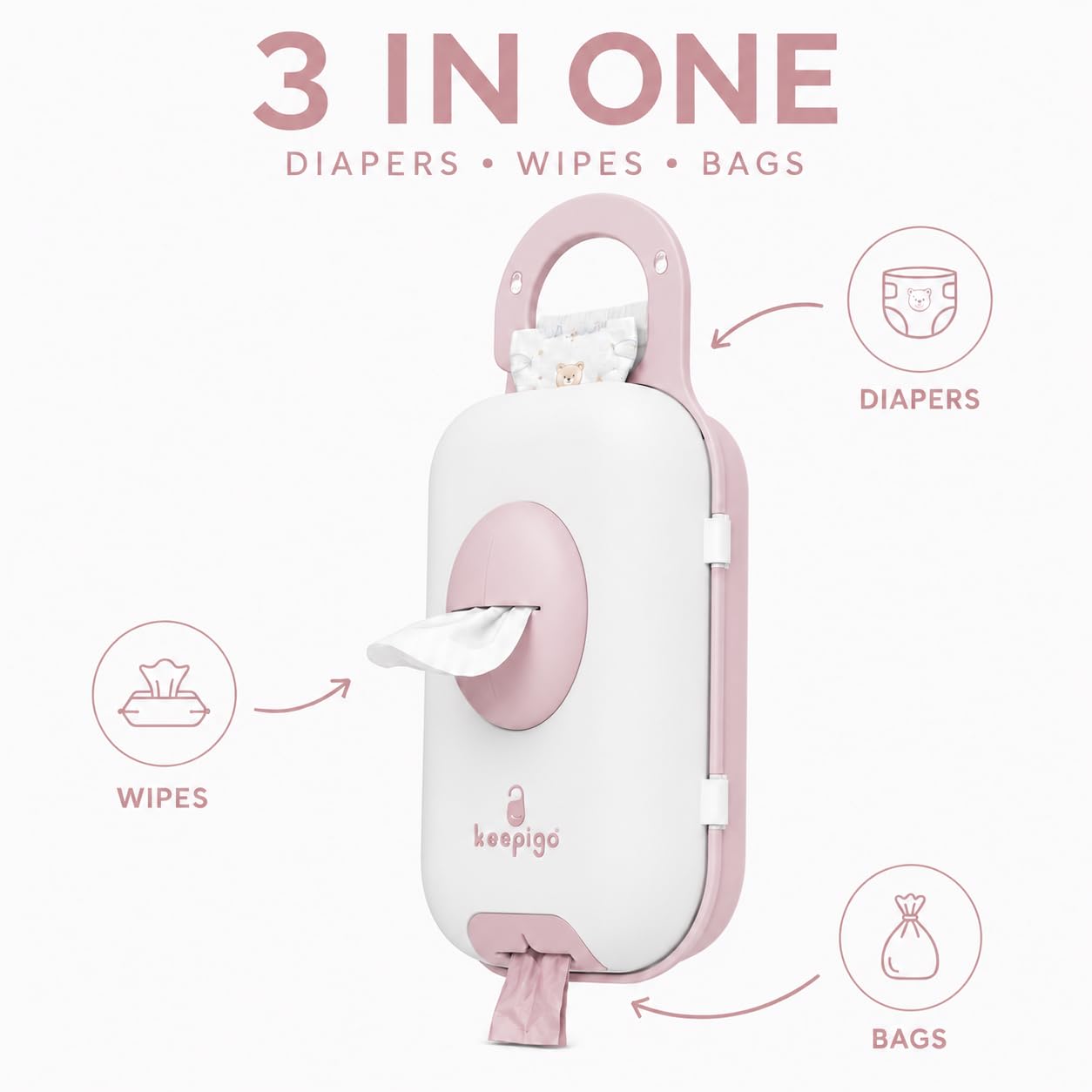 Keepigo| Dispensador de toallitas para pañales rosa para bebé, organizador portátil 3 en 1, soporte para toallitas para bebés con bolsas desechables, artículos esenciales para bebés recién nacidos