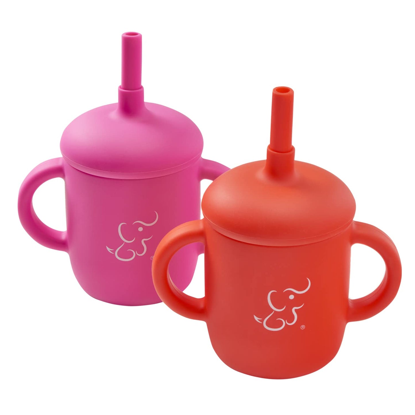 PAPU BABY Set de 2 Vasos/Tazas Entrenadoras 100 de silicón con popote y asas. (Rosa Mexicano/Rojo)