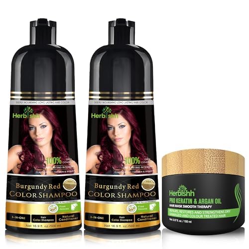 Combo Pack-2pcs Herbishh for Gray Hair Color Shampoo + 1pc Argan Intense Hair Mask- Natural Dye Shampoo – Colors in Minutes – Long-lasting color– 500 Ml –Stimulates Dry Frizzy (Burgundy)