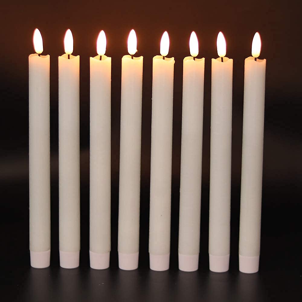 GenSwin - Velas cónicas parpadeantes sin llama con 2 mandos a distancia y temporizador, velas de cera real 3D para ventana, funciona con pilas, paquete de 8, decoración de Navidad para el hogar de