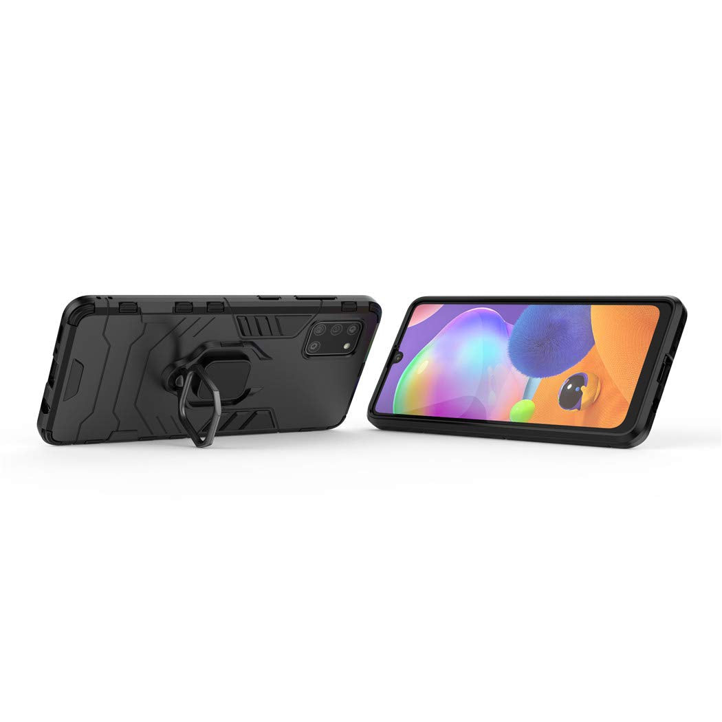 Compatible con Galaxy A31 Funda, Anillo Metálico Sujeción Soporte Antichoque Rígido Caja (Funciona con el Montaje de Coche Magnético) Doble Capa Sólido Case Carcasa para Samsung Galaxy A31 (Negro)