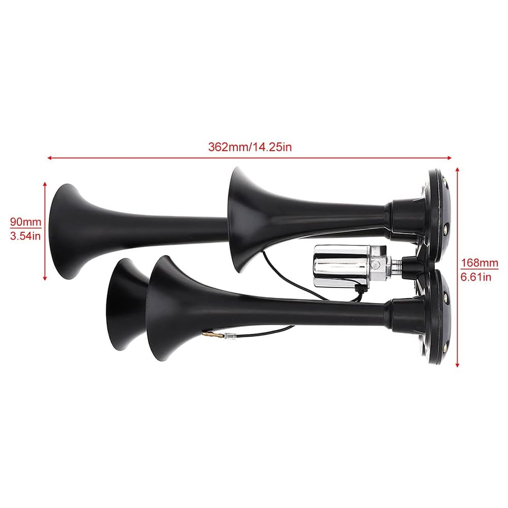 DriSentri 4 trompetas de aire bocina de tren de 12 V 178 dB súper fuerte negro cuatro trompetas bocina de aire para coches, camiones, barcos, SUV, motocicletas, vehículos