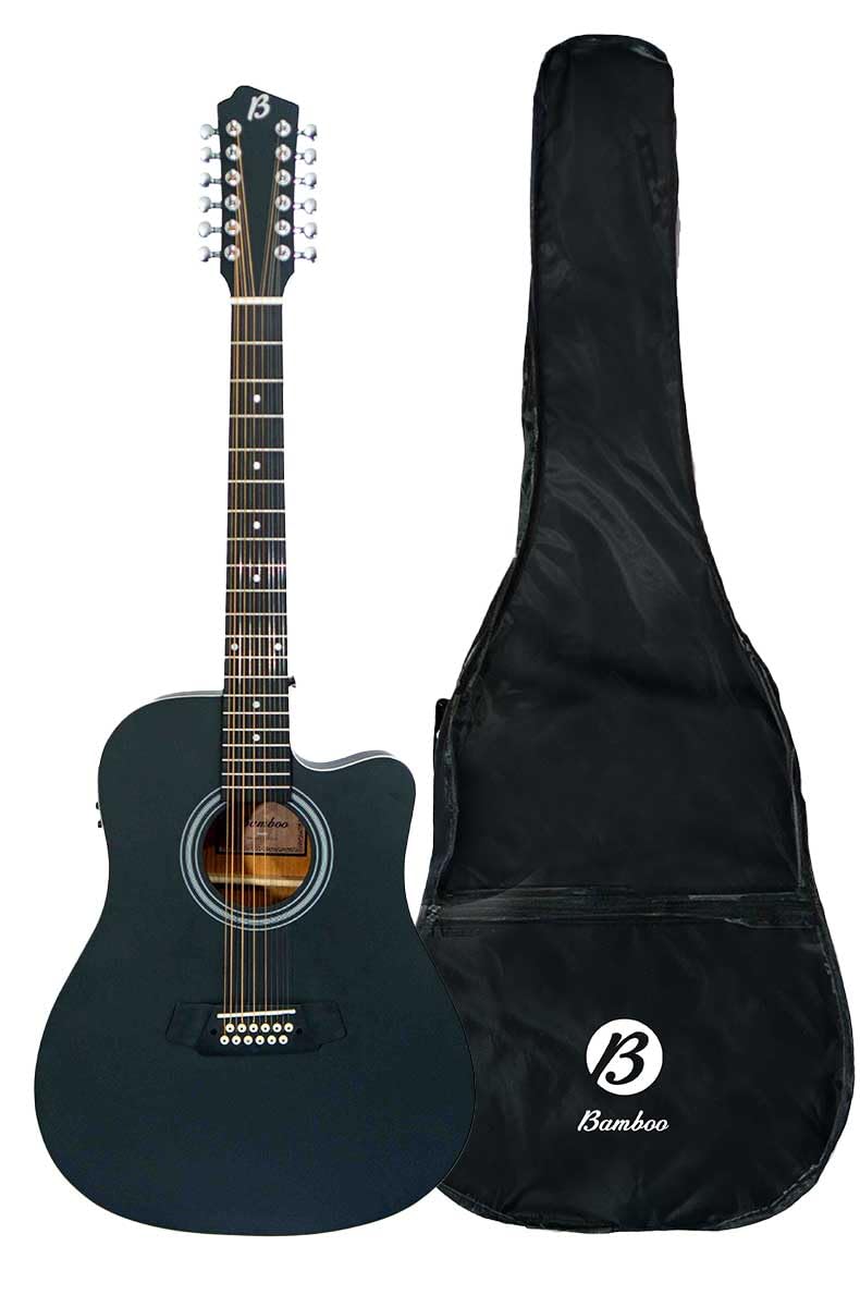BAMBOO, Docerola Guitarra Acustica 12 cuerdas Negra, Electroacustica, Bridge Doctor, Funda, 42 pulgadas, madera Linden, Equalizador con afinador.