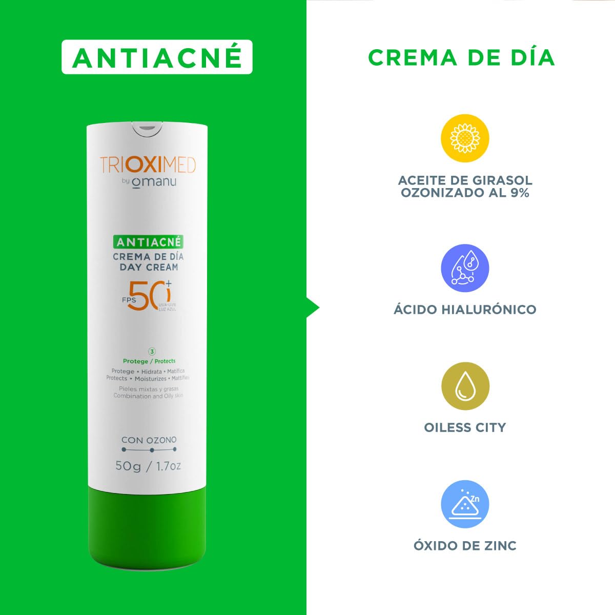 TRIOXIMED Crema Facial Antiacné 50 FPS 50 G | Protégete del sol y controla el acné | Ideal para piel grasa, tendencia al acné o piel mixta | Hidrata y matifica tu piel