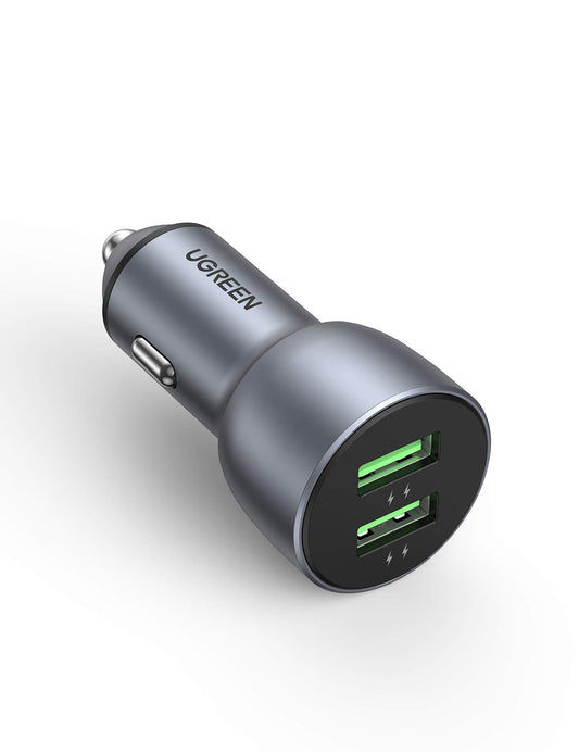 UGREEN Cargador de Coche USB, Adaptador Auto Carga Rápida Dual USB QC 3.0 de 36W de Aluminio Compatible con iPhone 16/15/14/13/12 Pro MAX, Galaxy S25/S24/S23/S23/S22 Ultra/Note 20, Pixel 9/8/7