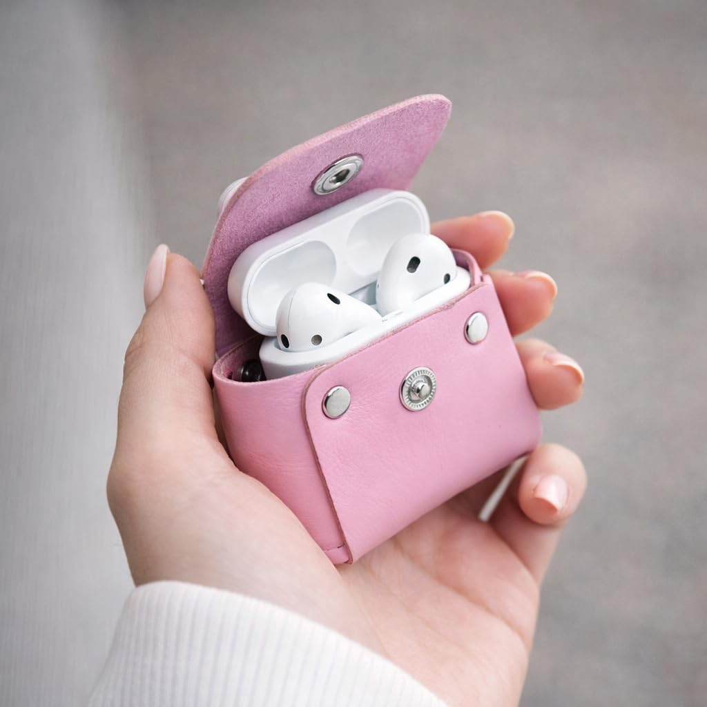 Ayaz Deri Mini estuche de piel auténtica – Compatible con AirPods – Monedero y compartimento para accesorios – Monedero artesanal ideal para regalar (Rosa)