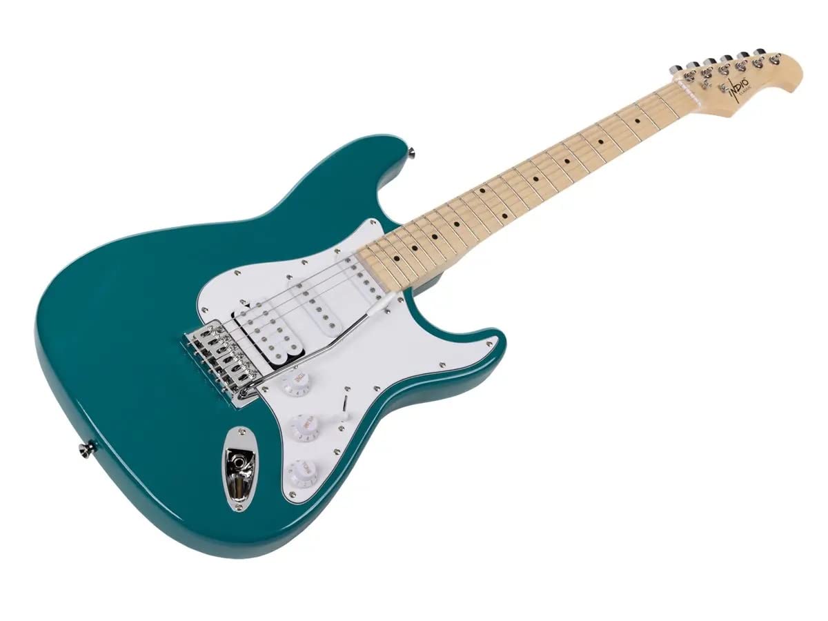 Monoprice Cali Classic HSS Electric Guitar with Gig Bag - Metallic Teal Body, White Pickguard, Maple Fingerboard - Indio Series