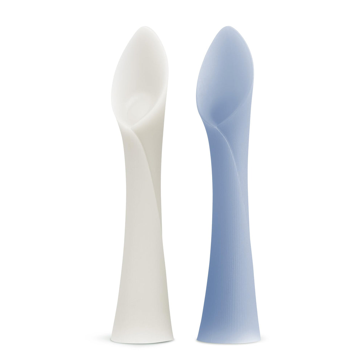 Olababy - Cuchara de entrenamiento de punta suave 100% silicona para destete dirigido por el bebé, paquete de 2 (perla/arándano)