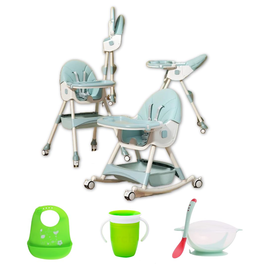 Silla alta para bebe, silla periquera para comer silla para bebe 6 en 1 con babero vaso entrenador y plato de comida, facil de armar, plegable multifuncion (Verde)
