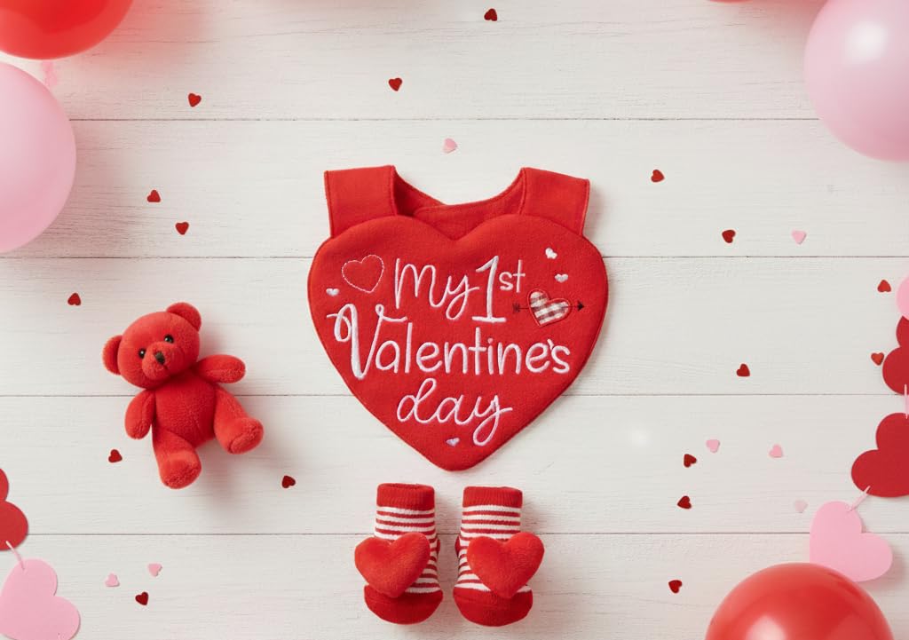 Baby Essentials - Juego de babero y calcetín para bebé, diseño de corazón rojo con botines de calcetín, regalo perfecto de San Valentín para recién nacidos