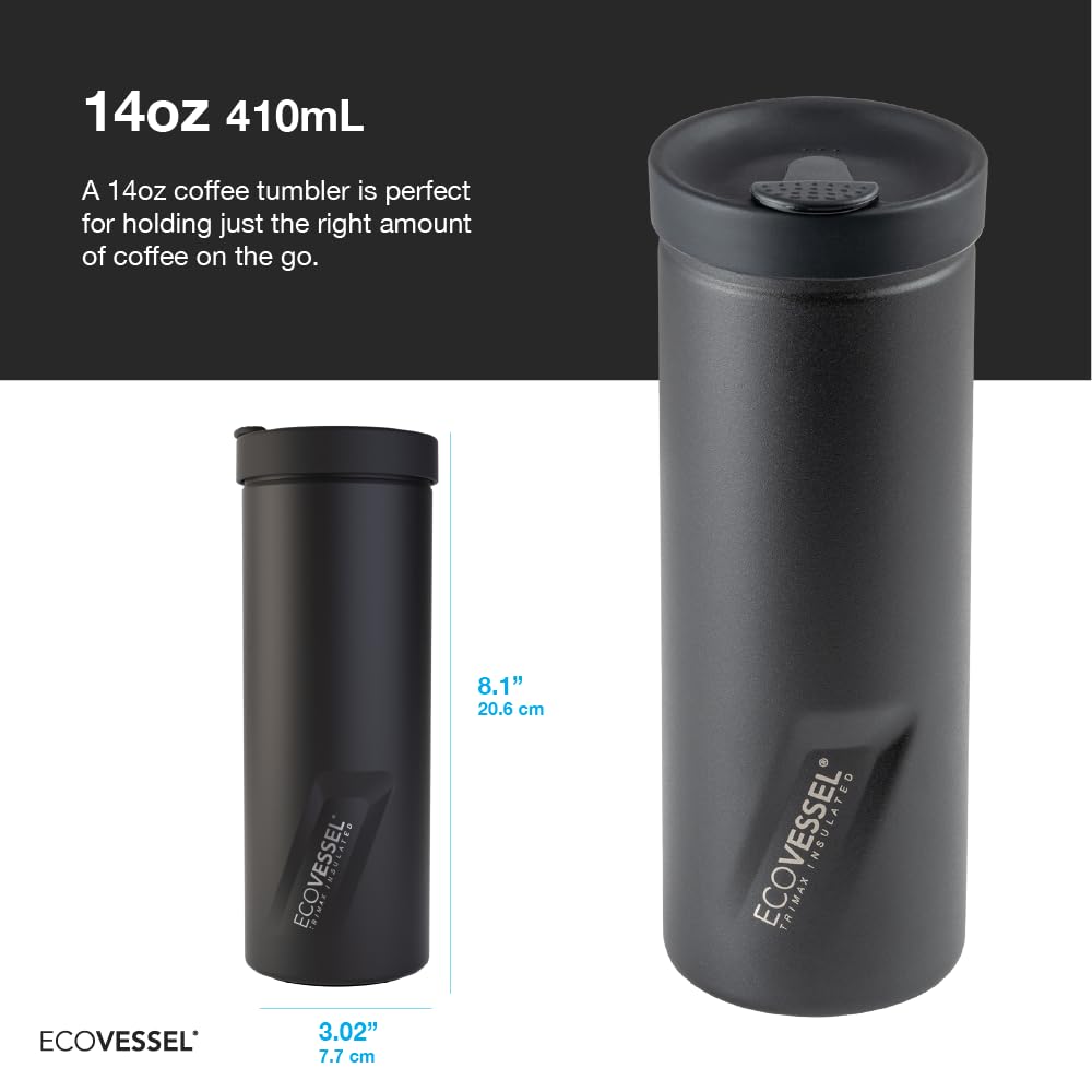 EcoVessel - Prensa francesa portátil, cafetera de viaje, aislada, acero inoxidable, botella reutilizable, 14 onzas (negro)