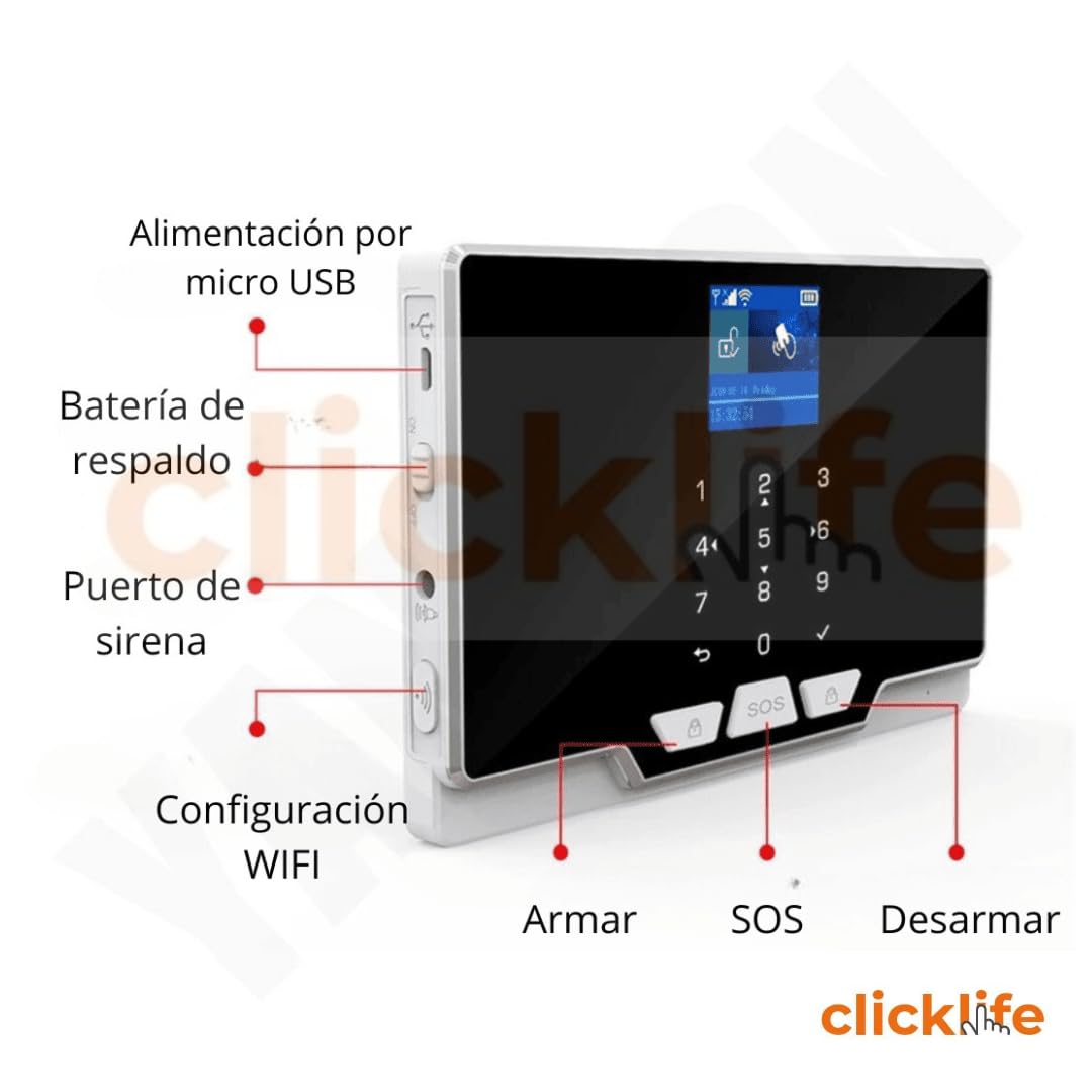 Clicklife Alarma Casa Negocio gsm Chip Celular WiFi Inalámbrica Kit6 Sirena de 30 Watts. con 6 sensores inalámbricos de 3 Movimientos y 3 de Puertas. Dos Variantes: WiFi o Cableada.
