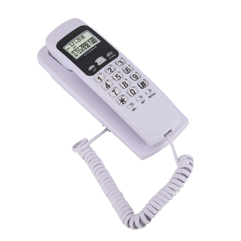 Ymiko T555 Mini teléfono montado en la Pared Identificador de Llamadas Teléfono con Pantalla LCD Luz de Fondo para la Oficina del Hotel(Blanco)