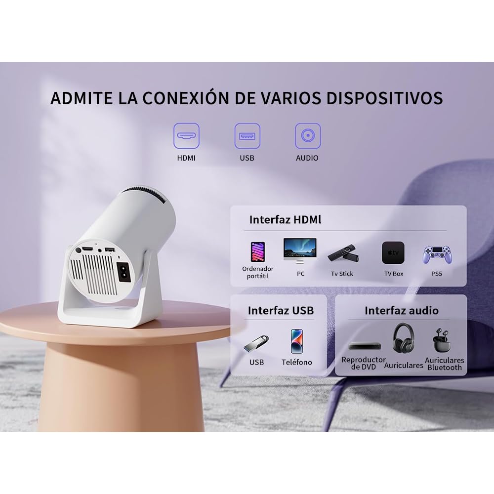 FINYQBET Mini Proyector Portátil Con Android, Ultrarrapido 5G+2.4G, Profesional 200ansli 4k 1080P WiFi Led HD 8000 LM, Cine 180° Giratorio Para TV Stick