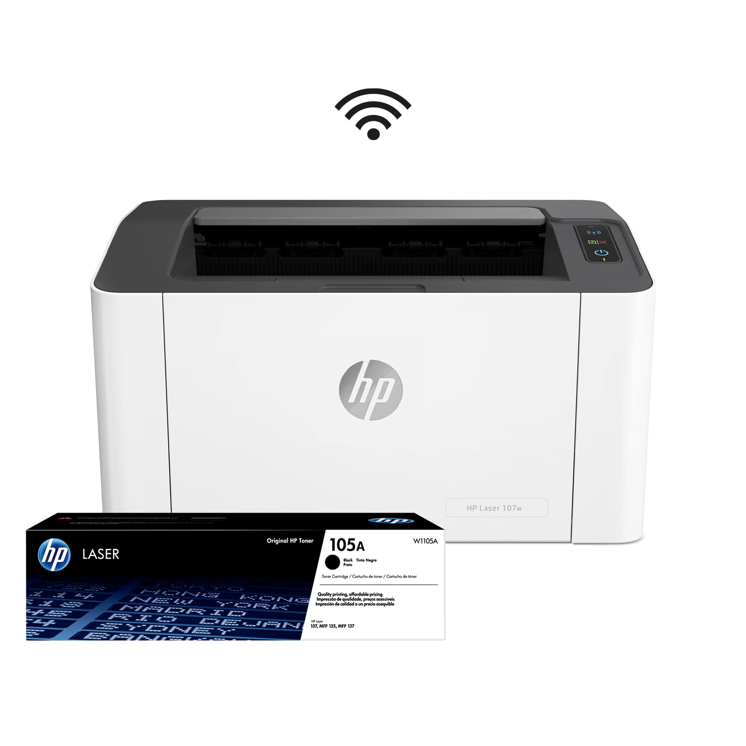HP Impresora Laser 107w, Láser, Impresión en Negro, Wi-Fi, USB, Impresión y escanéo Smart App, Apple Air Print, Bandeja de 150 Hojas, Pantalla LED (4ZB78A)