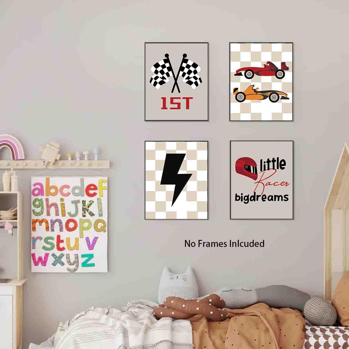 Buffalo Plaid Driving Force Race Car - Arte de pared para coche, motivos deportivos modernos, decoración inspiradora de la habitación de los niños, juego de 4 unidades Dream Big & Race Aheadapses (8 x