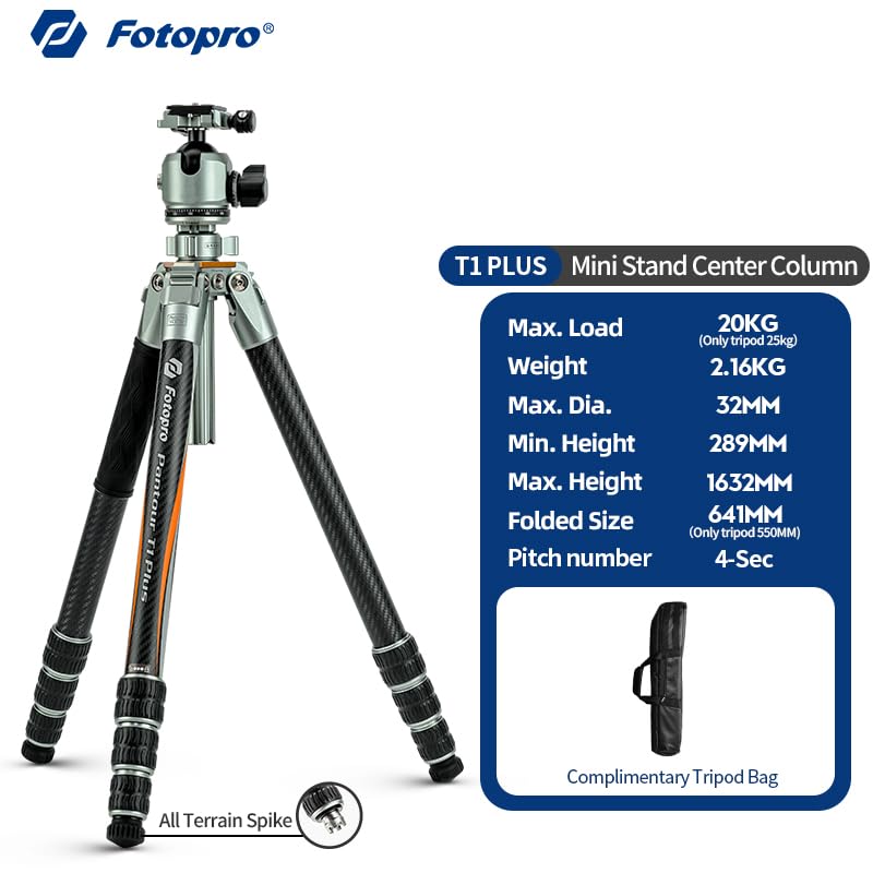 Fotopro - Trípode de cámara de viaje de 65 pulgadas, trípode de fibra de carbono resistente con mini soporte, columna central de una pieza, cabeza de bola de perfil bajo de 44 mm, para videocámara
