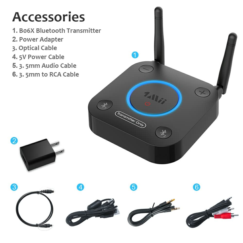 Transmisor Bluetooth 5.2 1Mii Negro con Entrada Óptica y Largo Alcance para TV