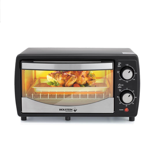 Holstein Housewares - Horno tostador de encimera de 4 rebanadas con temporizador de 60 minutos, incluye bandeja y estante de alambre, perfecto para hornear, asar y tostar, diseño compacto en negro