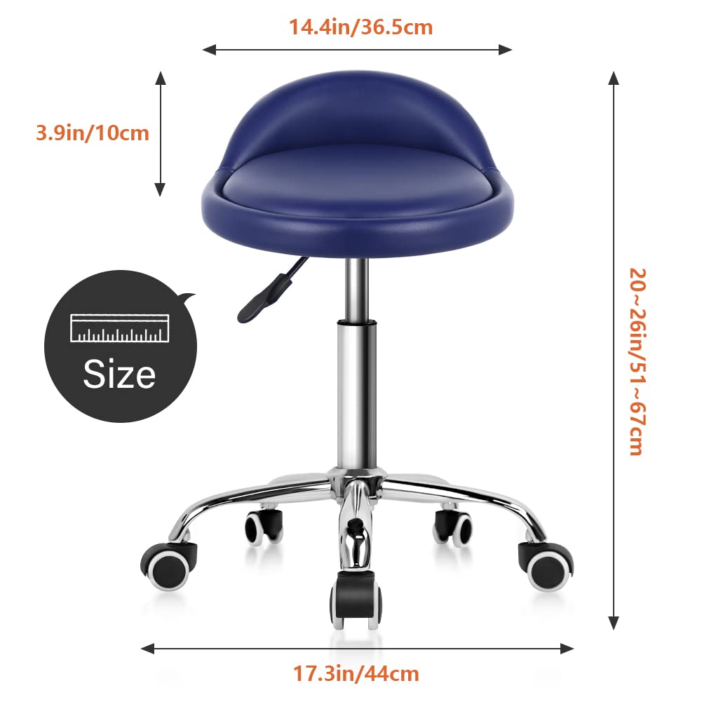 KKTONER Taburete de Cuero Artificial con Respaldo Giratorio Taburete con Ruedas Ajustable en Altura con Reposapiés para Pintar Tatuajes Masajes SPA Taburete de Trabajo para Taller (Azul)