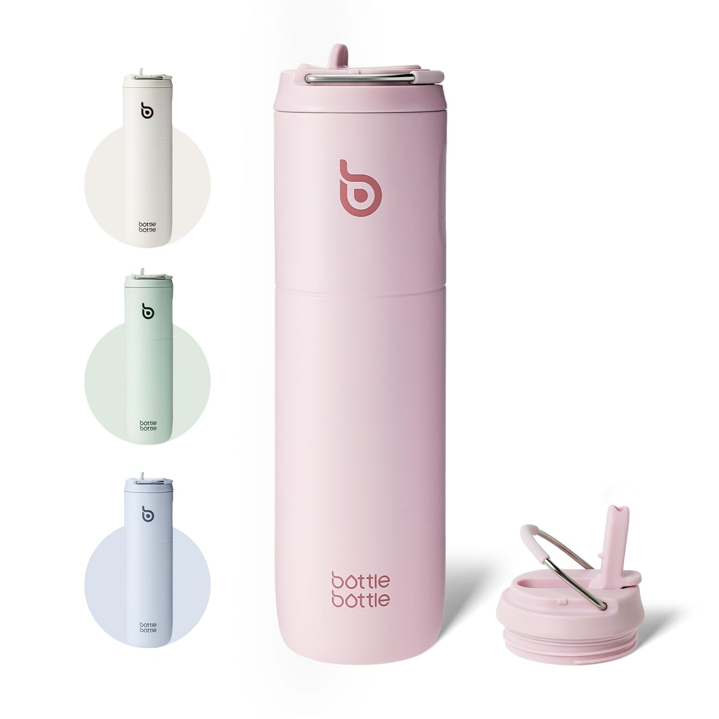 BOTTLE BOTTLE Botella de Agua Aislada de 24oz(700ml) con Popote Tapa y Asa para Deportes, Viajes, Botellas de Acero Inoxidable de Doble Pared, sin BPA(Rosa Claro)
