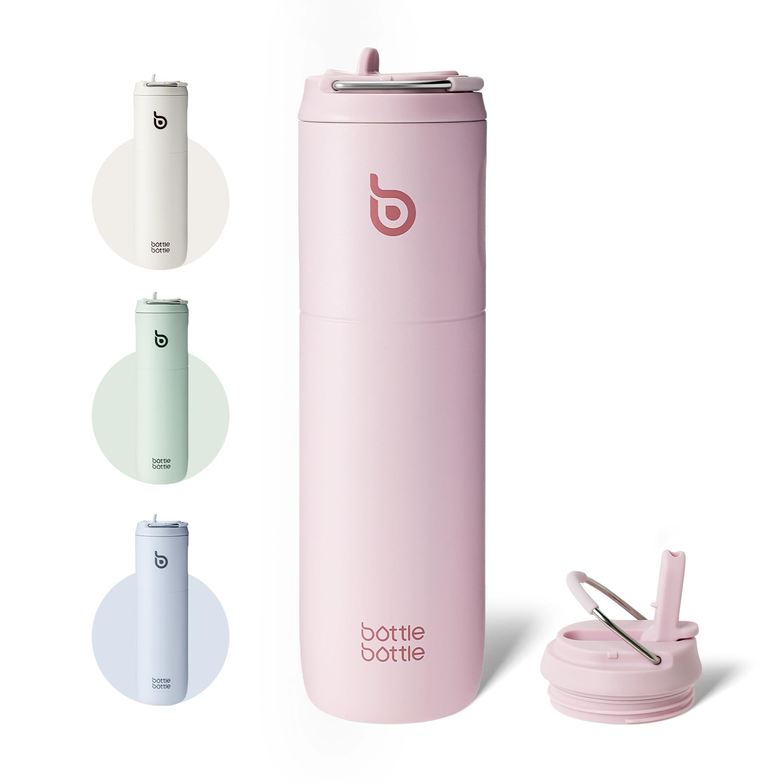 BOTTLE BOTTLE Botella de Agua Aislada de 24oz(700ml) con Popote Tapa y Asa para Deportes, Viajes, Botellas de Acero Inoxidable de Doble Pared, sin BPA(Rosa Claro)