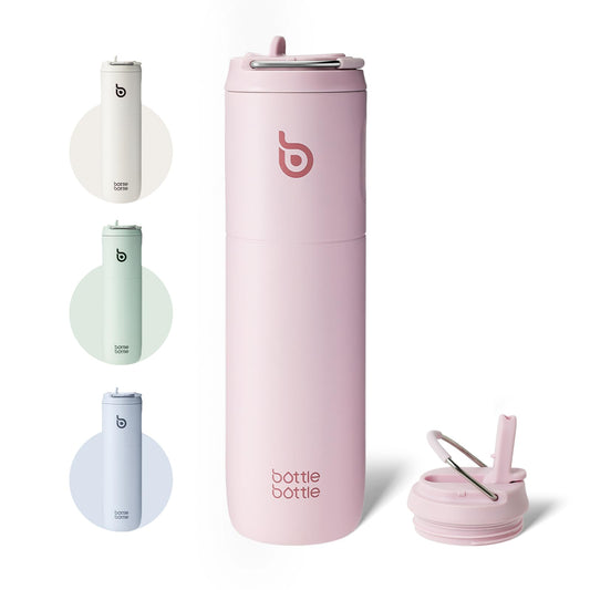 BOTTLE BOTTLE Botella de Agua Aislada de 24oz(700ml) con Popote Tapa y Asa para Deportes, Viajes, Botellas de Acero Inoxidable de Doble Pared, sin BPA(Rosa Claro)