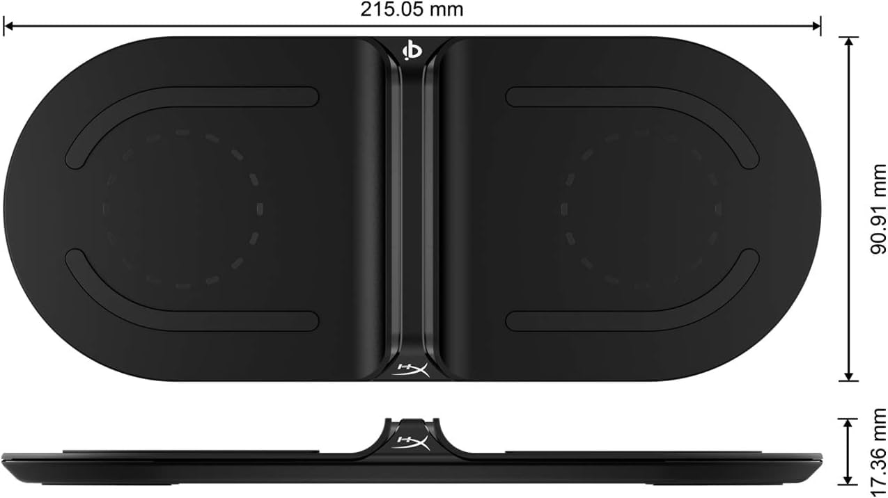 HyperX Chargeplay Base – Cargador inalámbrico Qi, certificado Qi, almohadillas para orejas de carga inalámbricas duales, carga hasta dos dispositivos, indicadores de batería, adaptador de pared de CA,