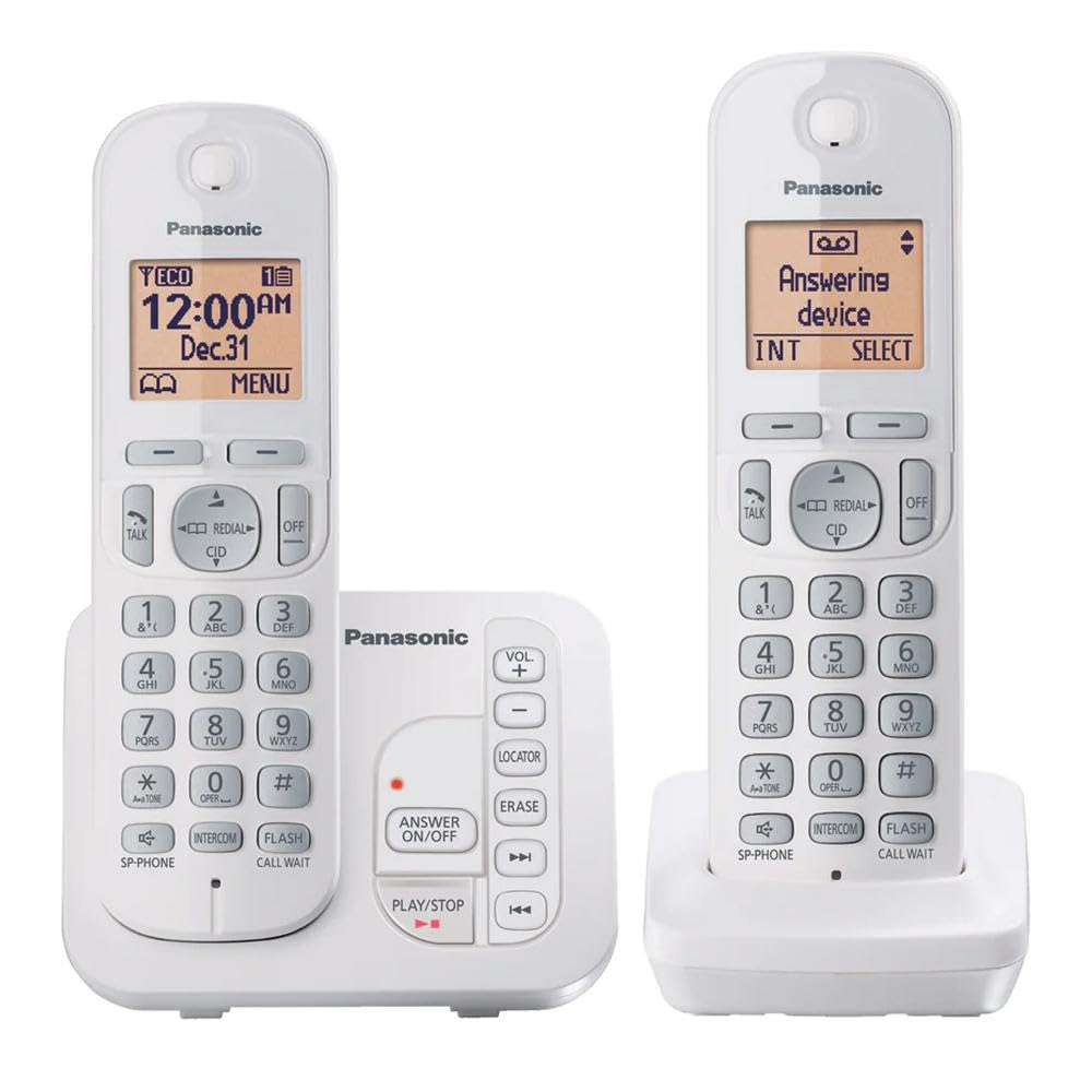 Panasonic 2 - Teléfono inalámbrico con sistema de respuesta digital e identificación de llamadas, ampliable hasta 6 teléfonos blancos, dos teléfonos con bloque de llamadas DECT 6.0 modelo KX-TG7122SK