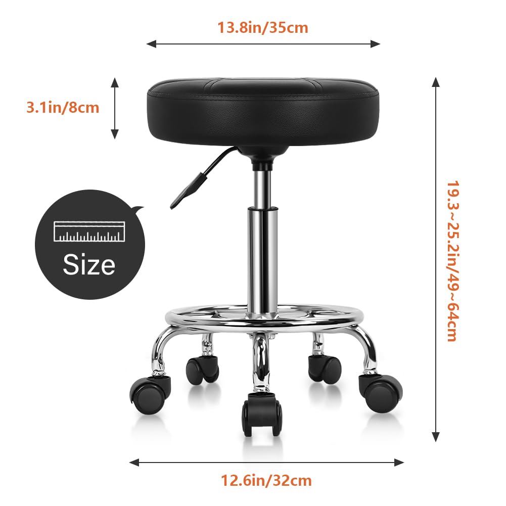 KKTONER Sillas giratorias de Piel sintética con Ruedas Taburetes giratorios Redondos de Altura Ajustable con reposapiés para SPA Masaje Tatuaje Salón Pequeño Negro