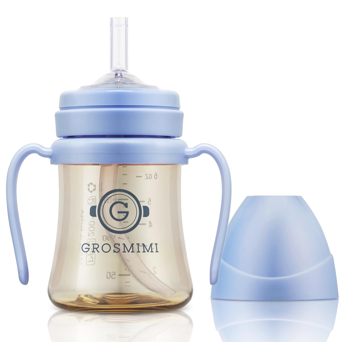 GROSMIMI - Taza mágica sin derrames a prueba de derrames con pajita con asa para bebés y niños pequeños, personalizable, sin BPA, 6 onzas (azul cielo)