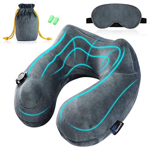 Jasonwell Almohada de Viaje Inflable Relajante Cuello Apoyo Travel Neck Pillow Inflatable para Avion vuelos de Larga Distancia Tren Coche Oficina con Bolsa de Transporte y Antifaz para Dormir