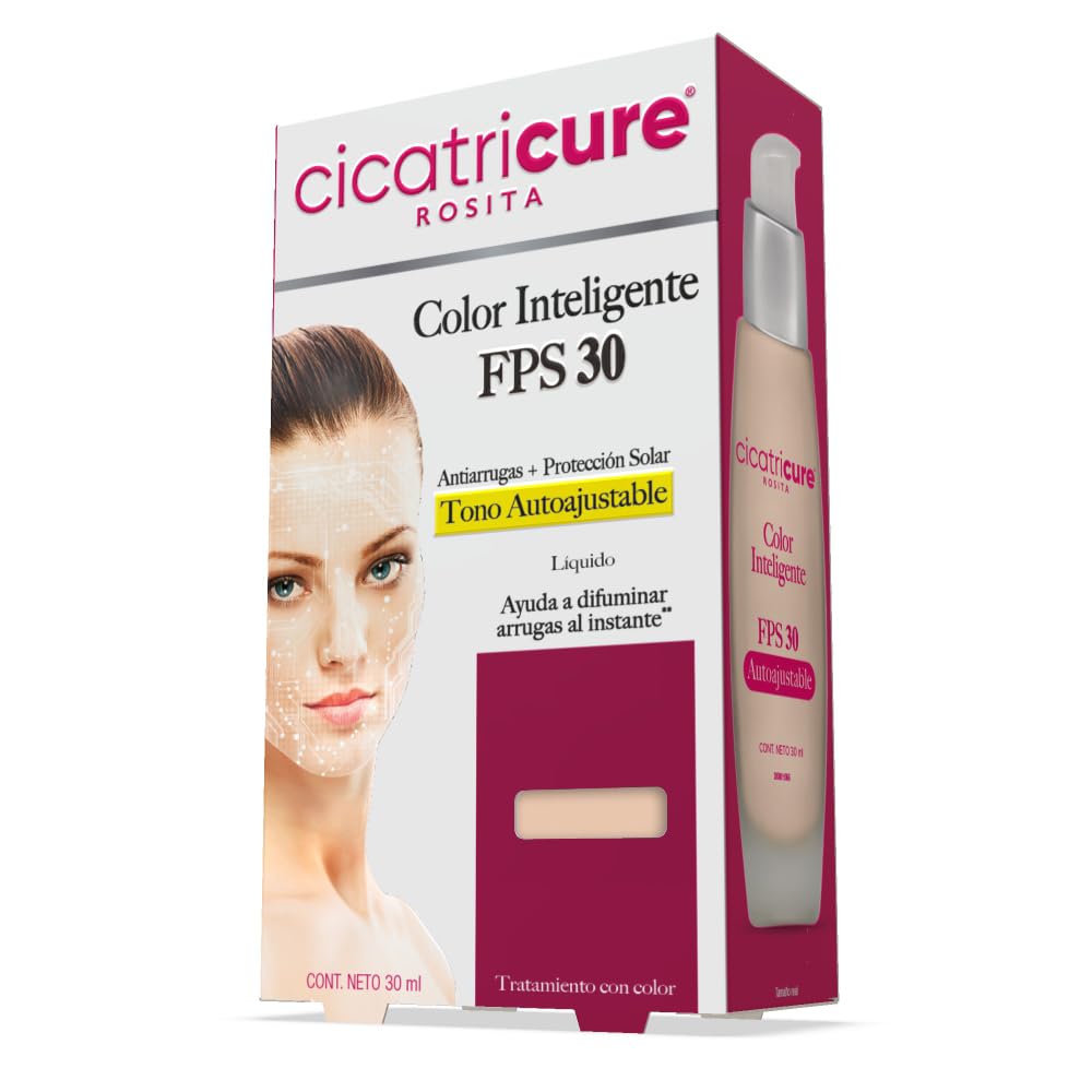 CICATRICURE - Maquillaje líquido color inteligente FPS 30. Efecto anti-arrugas y protección solar, tono auto-ajustable con pigmentos que se adaptan al color de la piel, presentación de 30ml