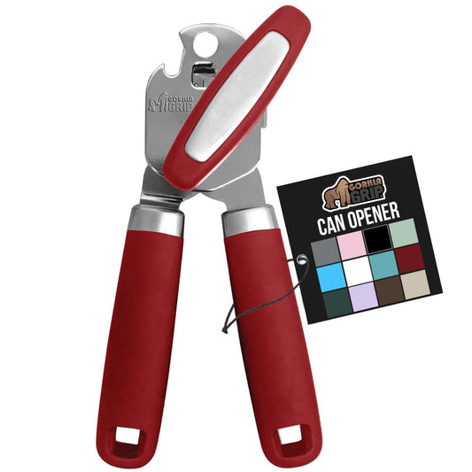 Gorilla Grip Abrelatas manual de mano de acero inoxidable resistente con borde liso con mango suave al tacto, a prueba de óxido, perilla de mano fácil giro, el mejor abridor de tapa grande para cocina, red