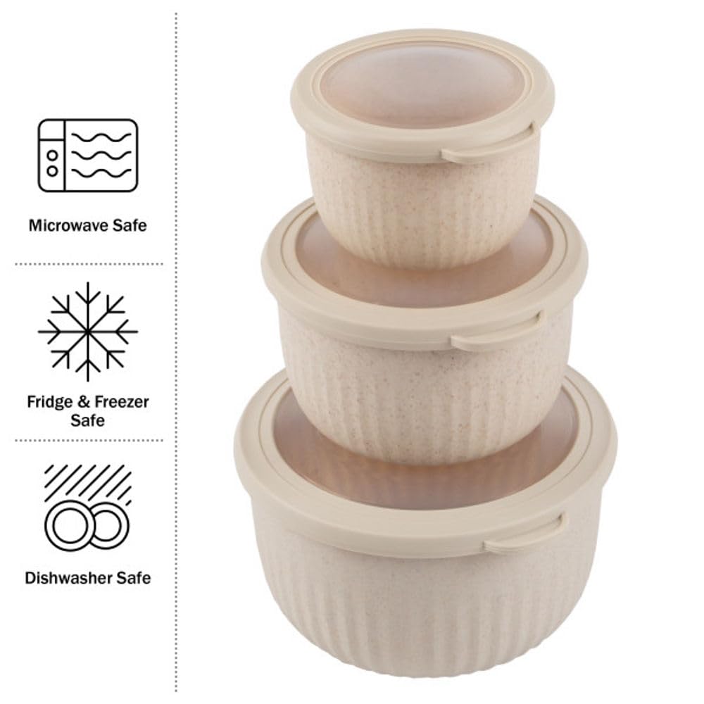 Classic Cuisine - Juego de 3 cuencos con tapas - Cuencos para mezclar aptos para microondas, congelador y nevera - Esenciales ecológicos de cocina (beige), S, M, L