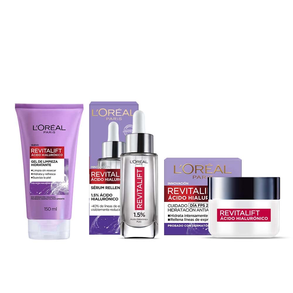 L'Oréal Paris Kit con Serum Facial, Crema de Día y Gel de Limpieza, Revitalift Ácido Hialurónico + Crema para ojos anti-líneas de expresion Revitalift Ácido Hialurónico de L'Oréal Paris, 15 ml