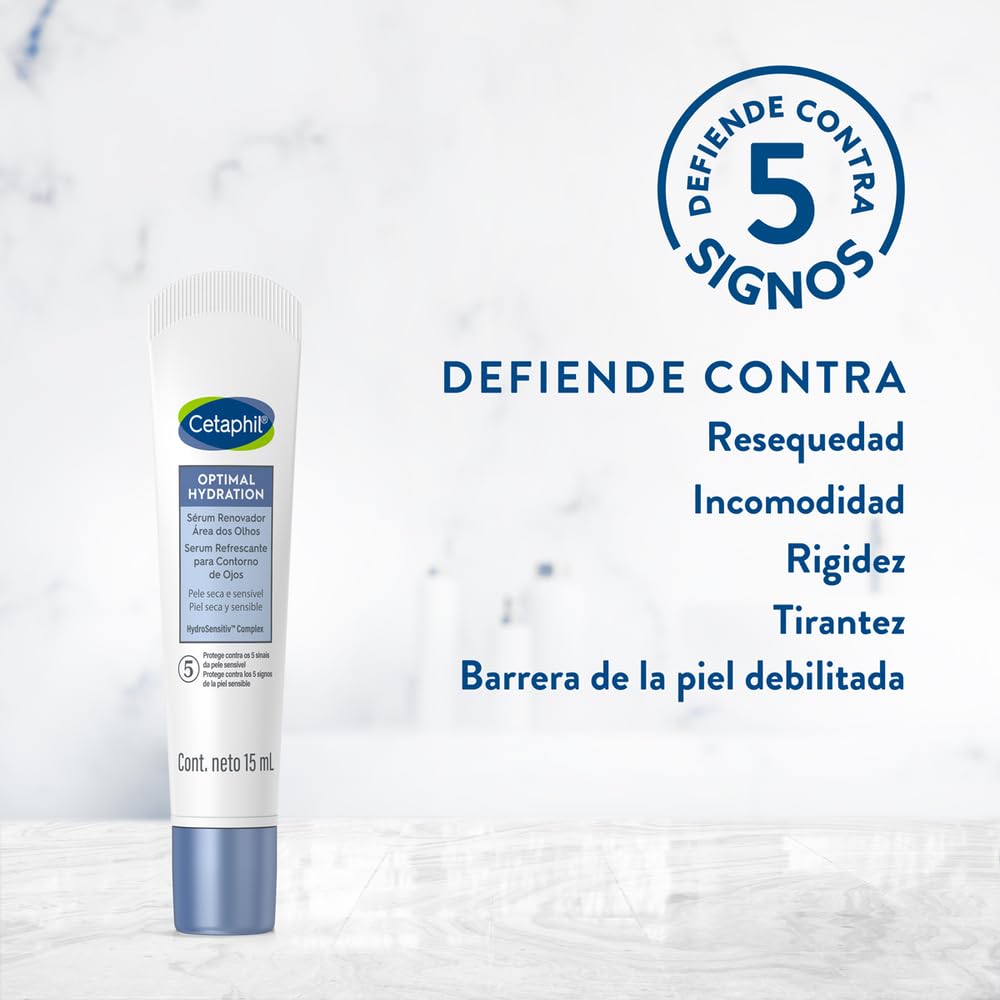 Cetaphil Optimal Hydration Serum Contorno de Ojos, Su Ácido Hialurónico Reduce la Apariencia de Ojeras Recomendada por Dermatólogos para Piel Sensible - 1 pieza de 15 ml, Blanco