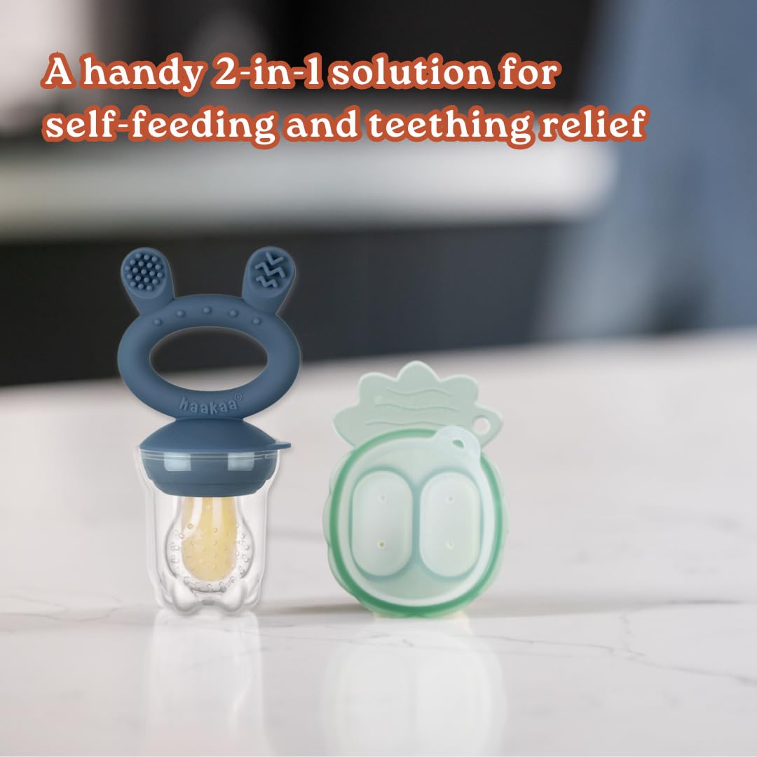 Haakaa Freeze-N-Feed Mini Combo con alimentador de alimentos de silicona y mini bandeja de silicona | Alimentador de alimentos sólidos para bebés | Almacenamiento y alimentador de moldes de paletas de