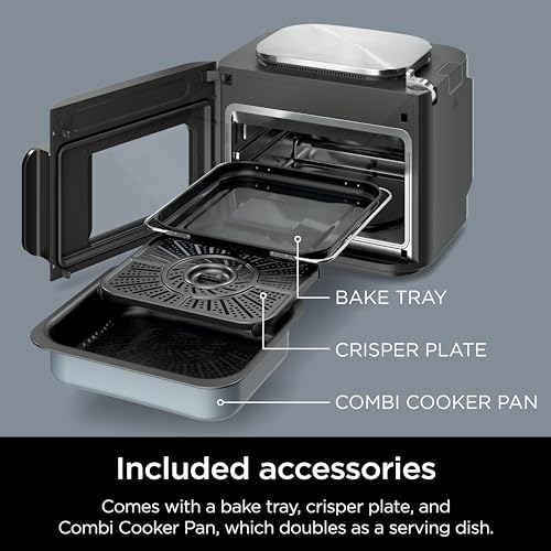 Ninja Combi Multicocina, horno y freidora de aire, comidas completas en 15 minutos, funciones 14 en 1, cocina combinada + freír al aire, hornear, asar, cocción lenta y más, 3 accesorios, acero
