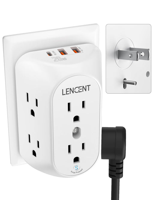 LENCENT Multicontacto Pared USB, Adaptador de Enchufe 3 a 2 Clavijas con 6 Tomas AC, Puerto PD 20W y 2 Puertos USB A, 1728J Protección contra Sobretensiones, Contactos de Pared para Hogar Oficina