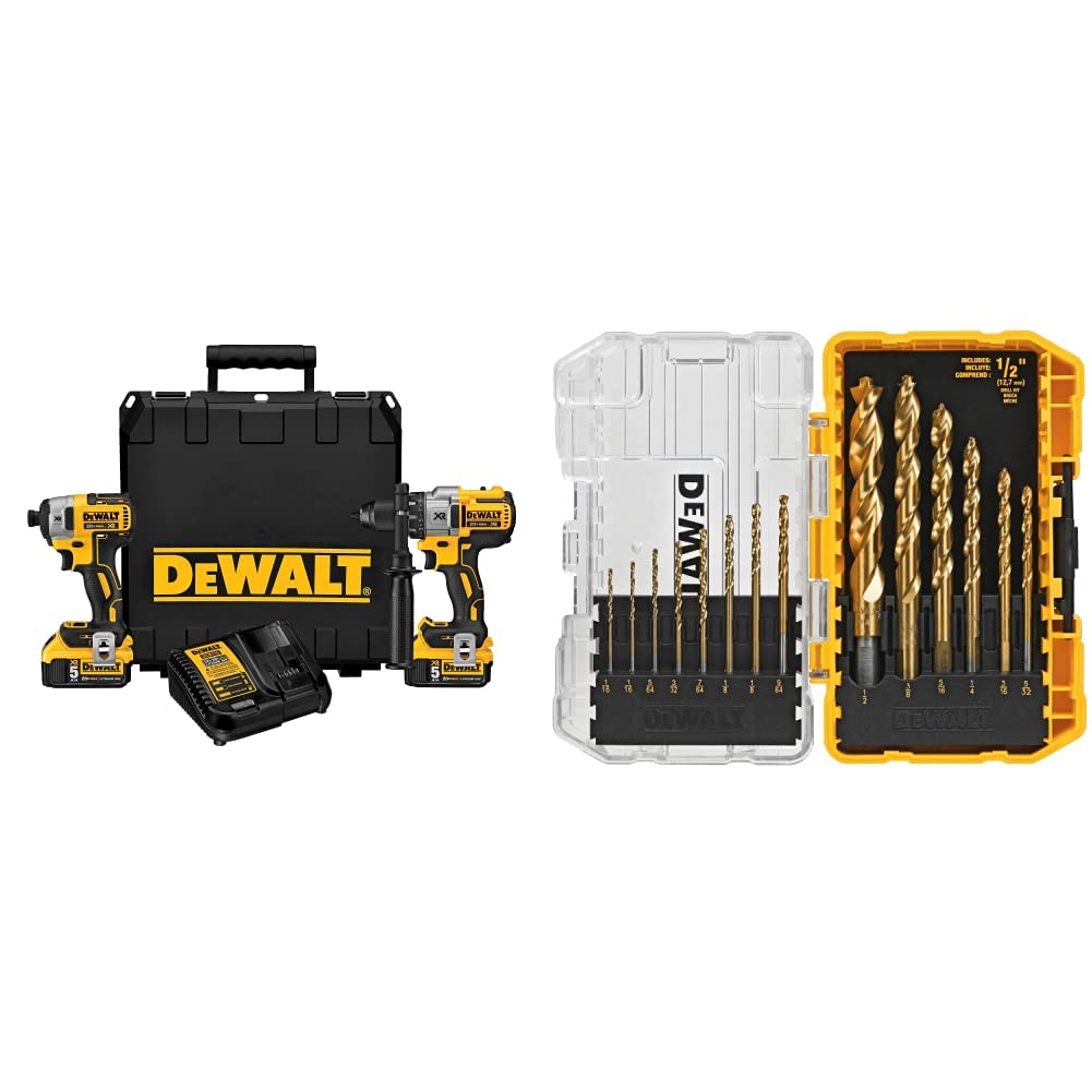 DeWalt 20 V max XR litio Ion Premium taladro percutor & atornillador de impacto sin escobillas Combo Kit, DCK299P2, 5.0 Ah + DW1354 14-Piece Titanium Drill Bit Set