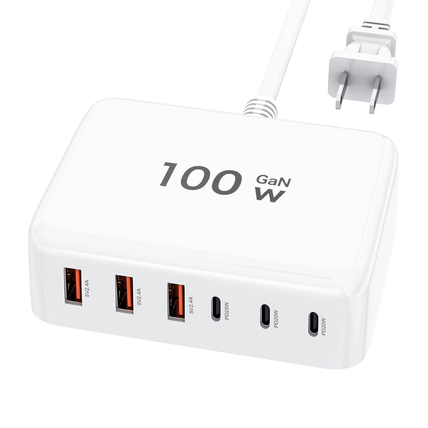 GaN - Cargador rápido USB C de 100 W con bloque compacto de 6 puertos GaN estación de carga HUB Brick portátil de pared PD cargador adaptador de corriente para iPhone 16 15 14 13 12 Pro Max iPad Pro