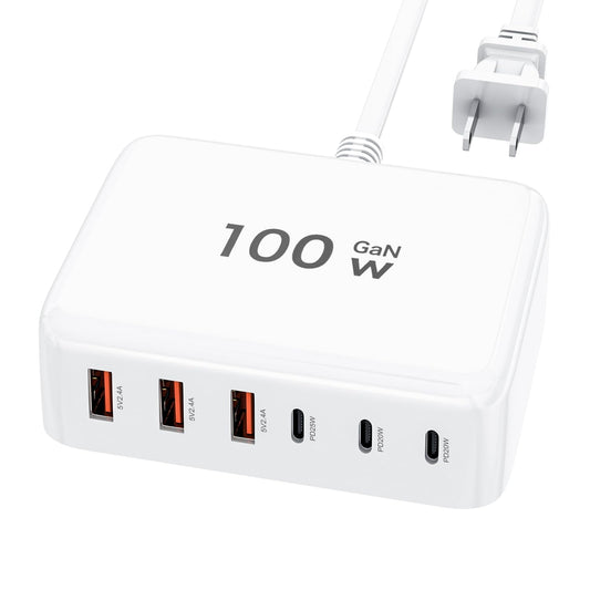 GaN - Cargador rápido USB C de 100 W con bloque compacto de 6 puertos GaN estación de carga HUB Brick portátil de pared PD cargador adaptador de corriente para iPhone 16 15 14 13 12 Pro Max iPad Pro