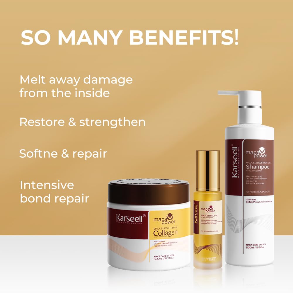 Hair Mask Karseell Juego de colágeno de película para el cabello 3PCS película para el cabello 16.9oz + champú 16.9oz + aceite esencial para el cuidado del cabello 1.69oz adecuado para todos los pelos dañados por la sequedad y el cabello rizado.