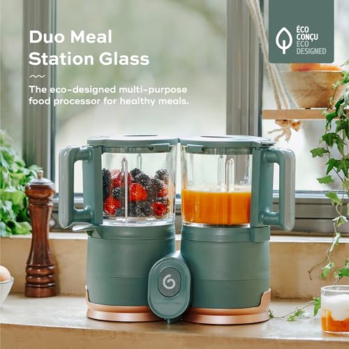 Babymoov Duo Meal de Vidrio 4 en 1: Procesador de Alimentos para Bebés con Vaporizador de Vidrio Incorporado, Cesta de Acero Inoxidable y Licuadora de Vidrio (Capacidad de Más de 6 Tazas), Verde