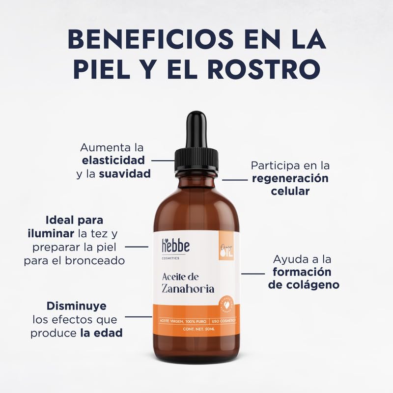 Hebbe - Aceite De Zanahoria 100% Puro 50 ml | Hidratante Reafirmante | Regenerador | Antiedad | Cabello Brillo Y Suavidad