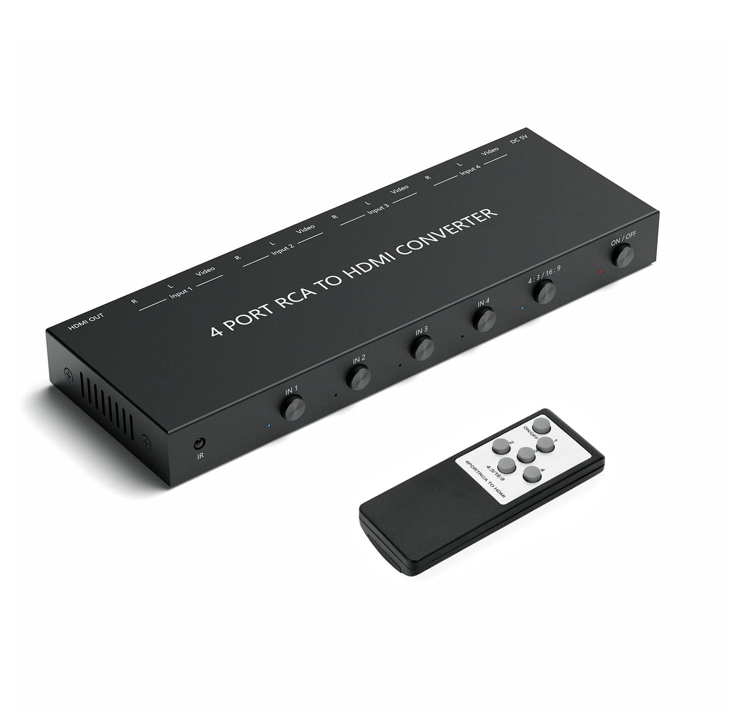 LVY - Convertidor RCA a HDMI de 4 puertos, compatible con 720/1080P, conmutador 16:9/4:3 compatible con Wii, N64, PS2, PS3, VHS, VCR, reproductores de DVD (4 entradas AV, 1 salida HDMI)