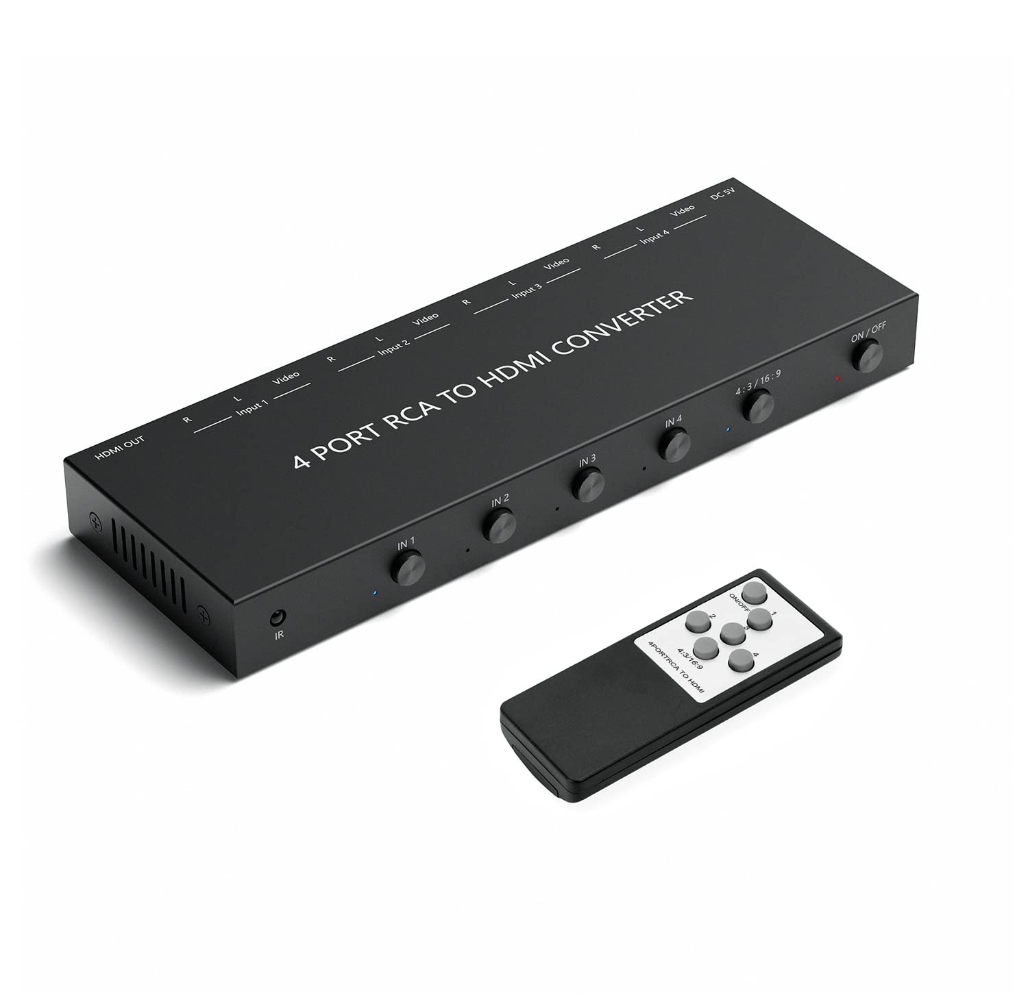 LVY - Convertidor RCA a HDMI de 4 puertos, compatible con 720/1080P, conmutador 16:9/4:3 compatible con Wii, N64, PS2, PS3, VHS, VCR, reproductores de DVD (4 entradas AV, 1 salida HDMI)